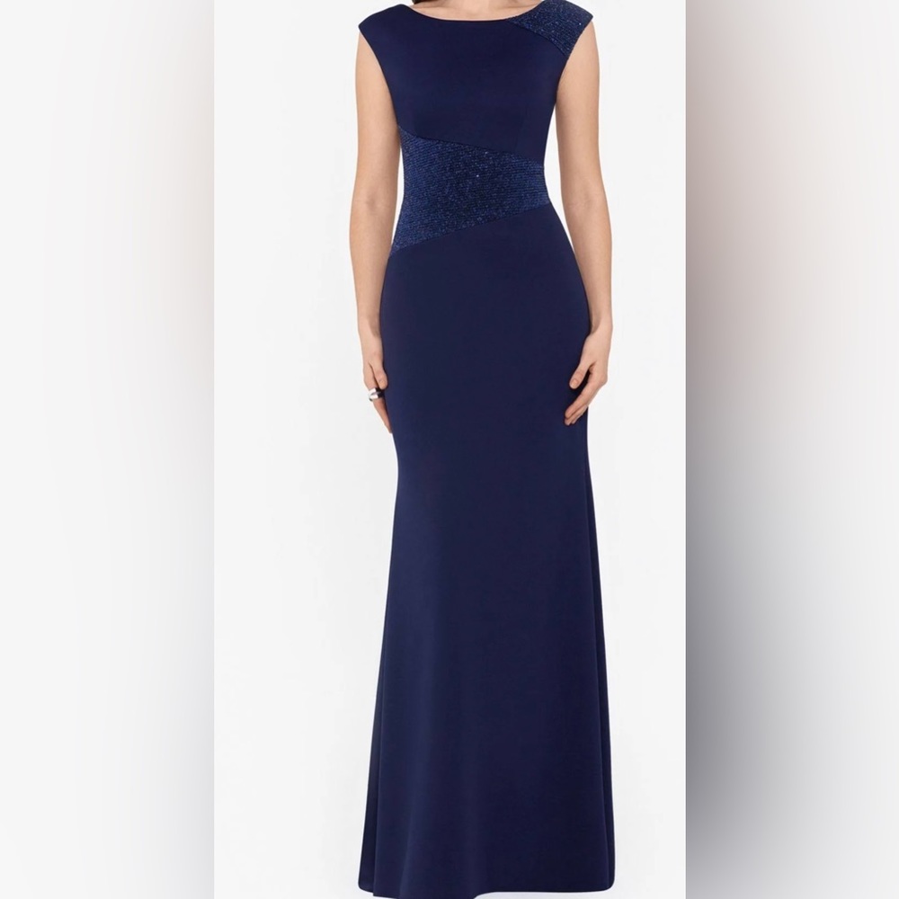 Navy Stretch Sequined Ruched Scuba, Asymmetrical Waistline Jewel NeckFull-Length